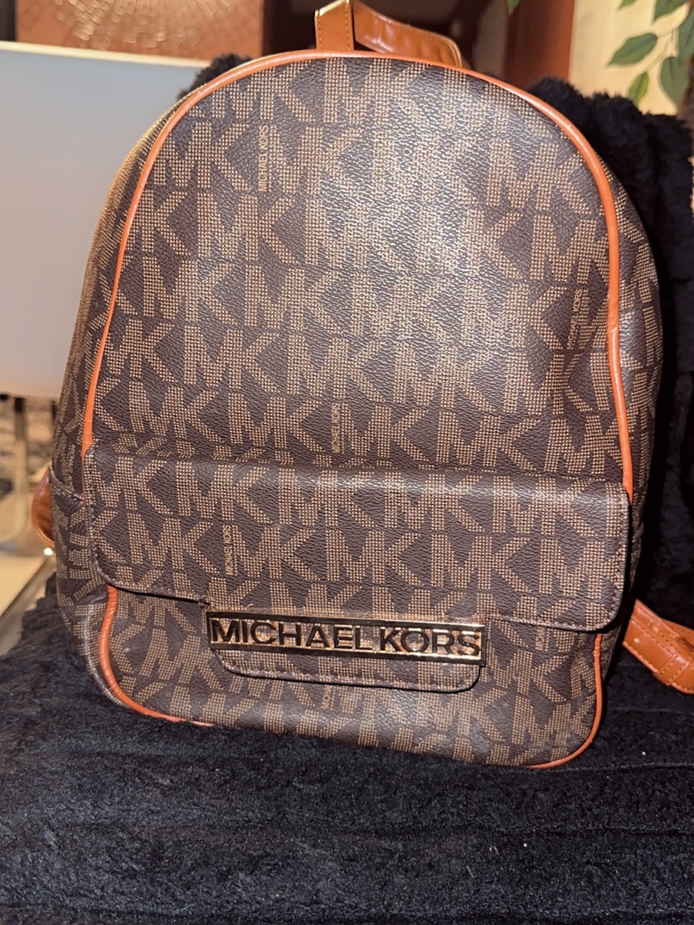 Michael Kors Brown/Tan MK Logo Mini Backpack with Gold Hardware